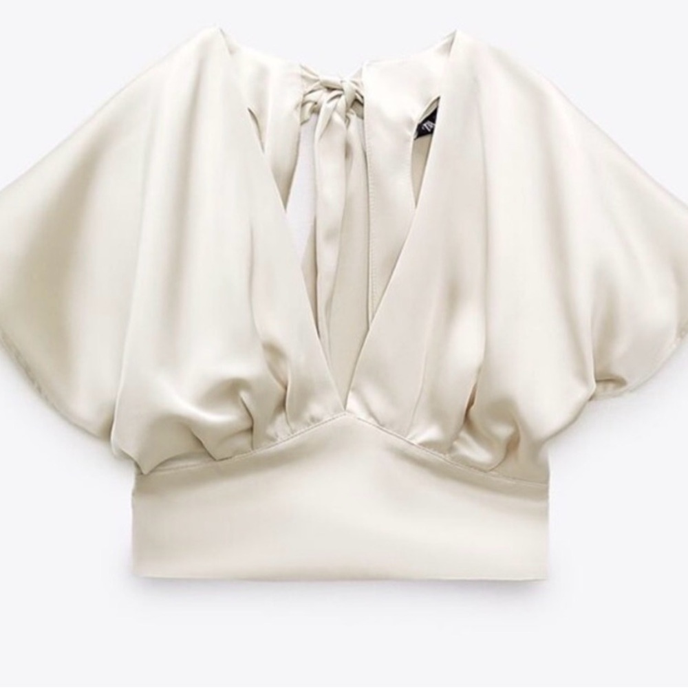 Elegant Cream V-Neck Satin Blouse with Tie Back